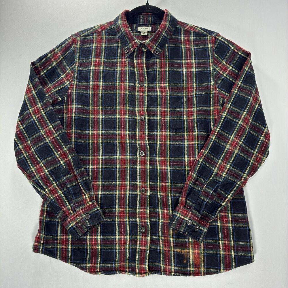 L.L.Bean Womens Vintage Flannel Shirt M Navy Red Plaid Cotton Button Down